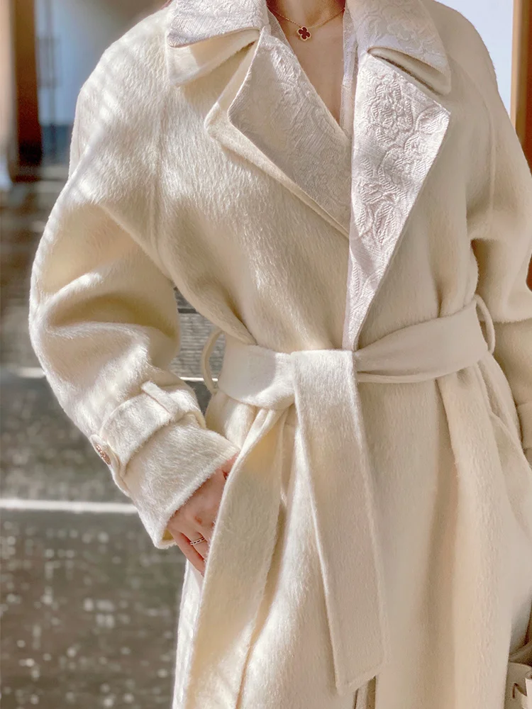 

Dinghao long hair 850g off-white jacquard fake two-piece double-sided alpaca coat