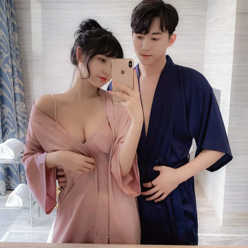 

Good Night Women Sexy Robe Nightdresses Fashion Pajamas With Chest Pads Ice Silk 2 Piece Home Cloth Wedding Morning Gown
