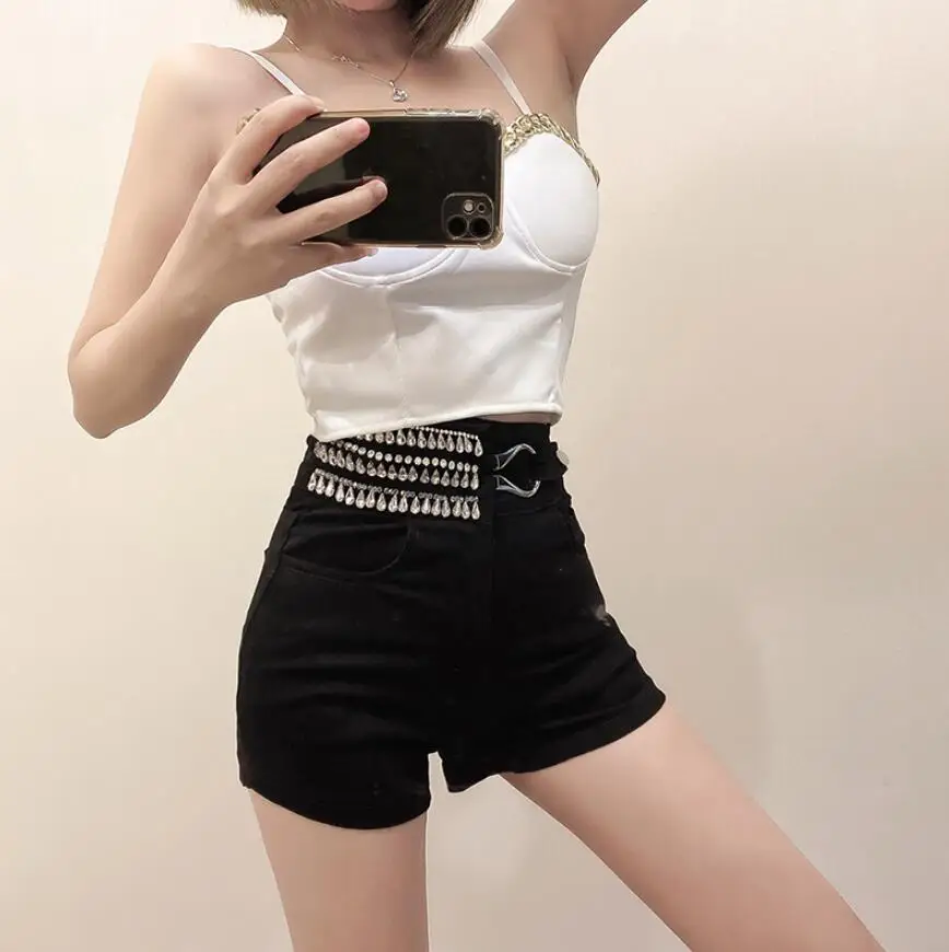 

New Summer Fashion Design High Waist Diamonds Metal Buttons White Black Denim Shorts Women Short Jeans s1156