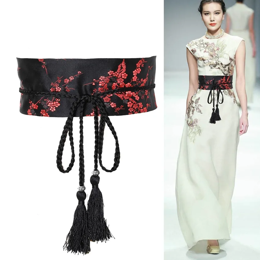 Пояс женский тканевый с вышивкой и кисточками в японском стиле - купить по