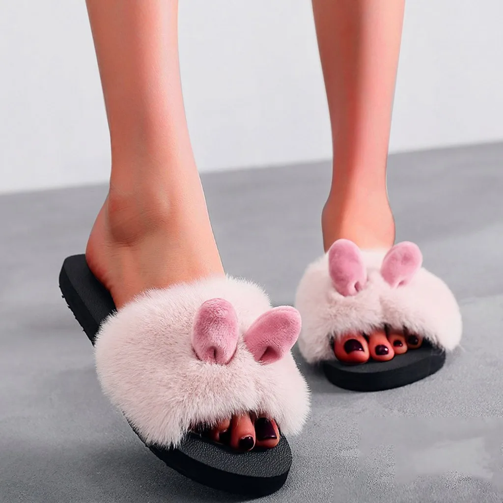 Женские меховые модные домашние тапочки с кроличьими ушками без застежек