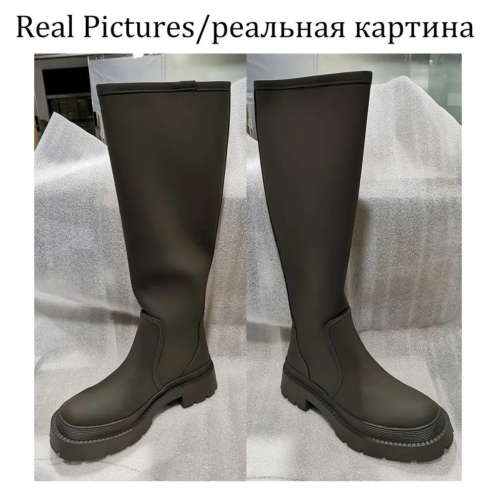 

Brand New Ladies Chunky Heels Motorcycle Boots Fashion Platform Solid Slip On Knee High Boots Women Casual Party Shoes Women