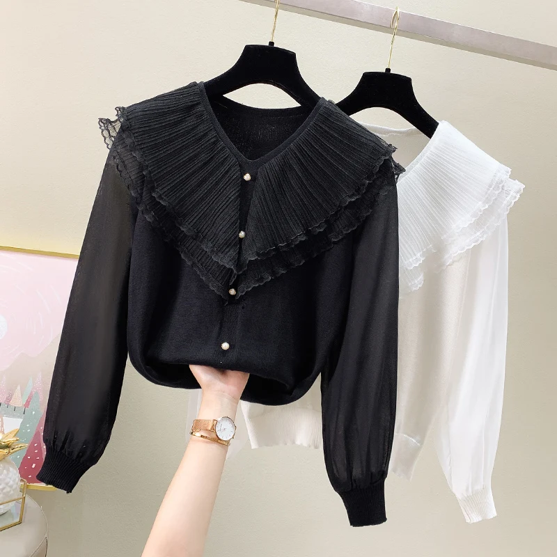 

Net yarn ruffled V-neck chiffon long-sleeved stitching sweater