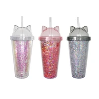 420ml new cute cat ear flash film double layer water cup creative plastic drinking bottle straw cup for school office