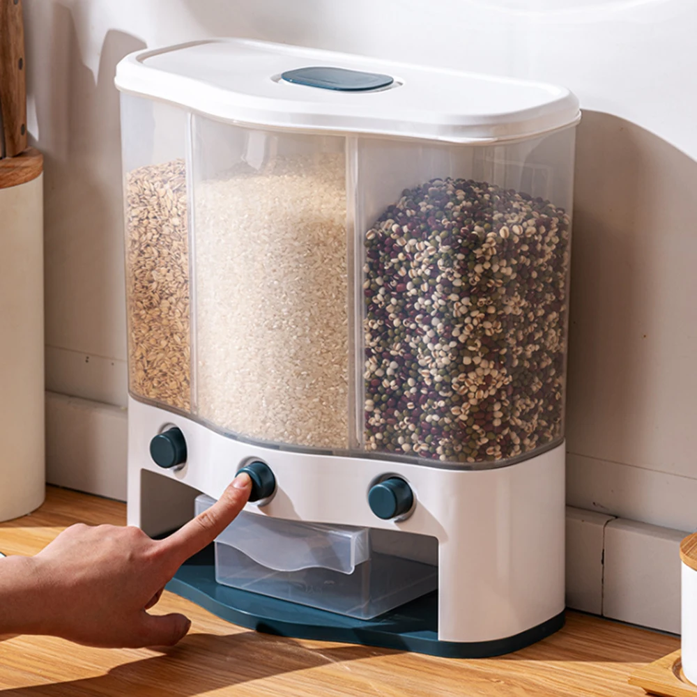 Dispensador de cereales, Cubo de arroz montado en la pared de 6L, a prueba de humedad, bastidores automáticos de plástico, caja de almacenamiento de alimentos con dosificación sellada