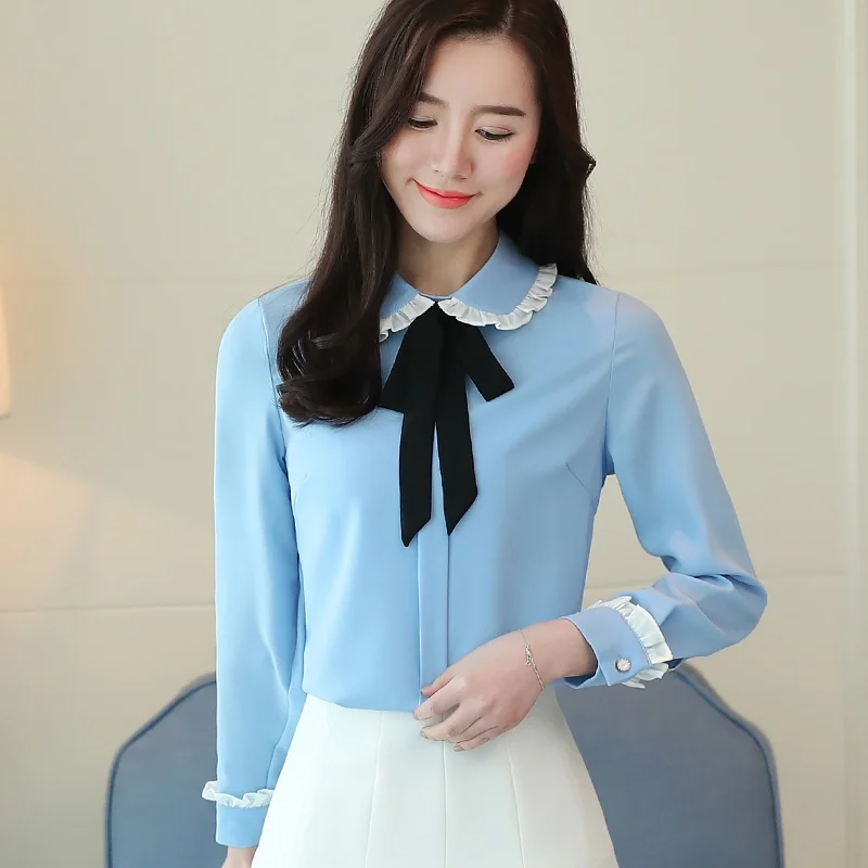 Женские блузки, осенняя модная синяя рубашка с бантом, Топ с длинным рукавом, женские офисные рубашки, блузка