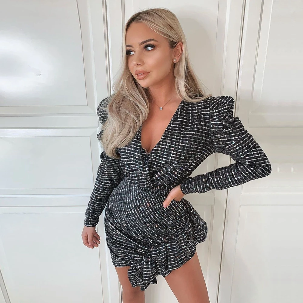 Женское короткое платье с длинным рукавом черное золотистое винно красное V