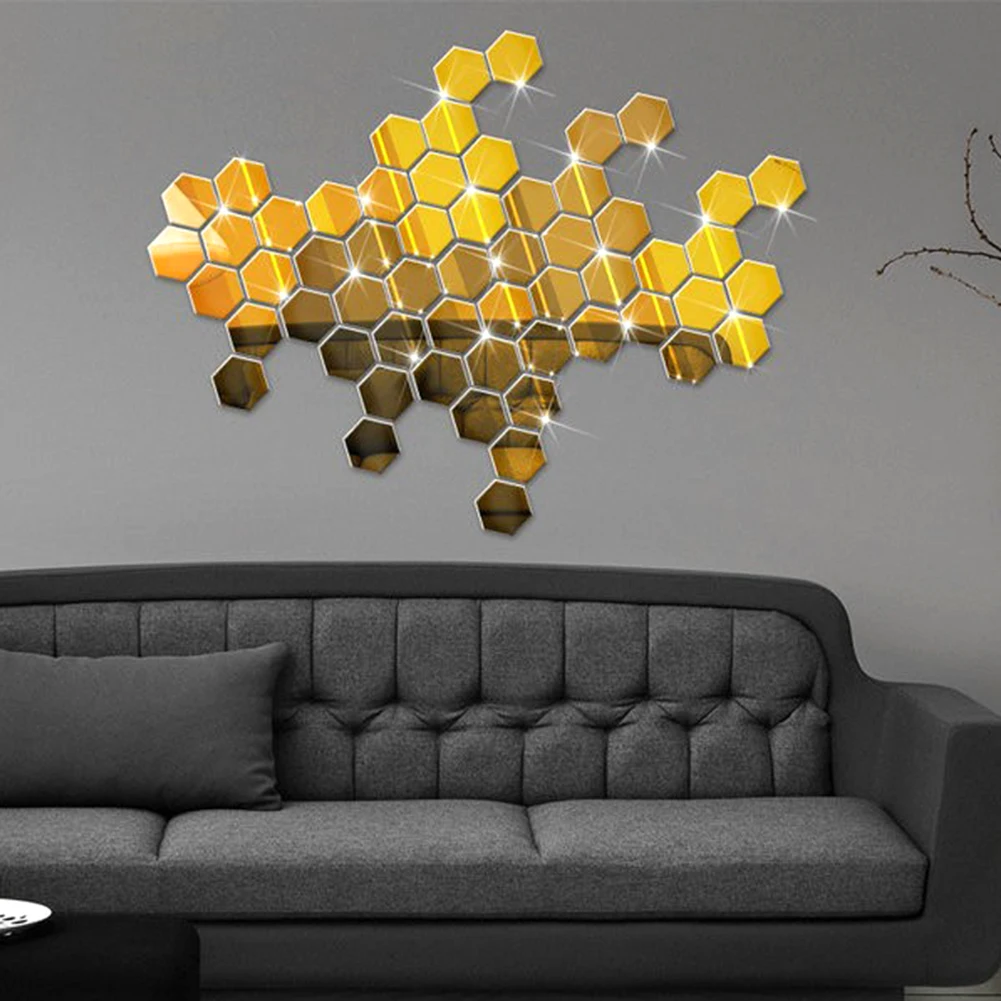

3D Creativity Hexagon Acrylic Mirror Wall Stickers DIY Art Wall Decor Stickers Living Room Mirrored Sticker Gold Home Decors