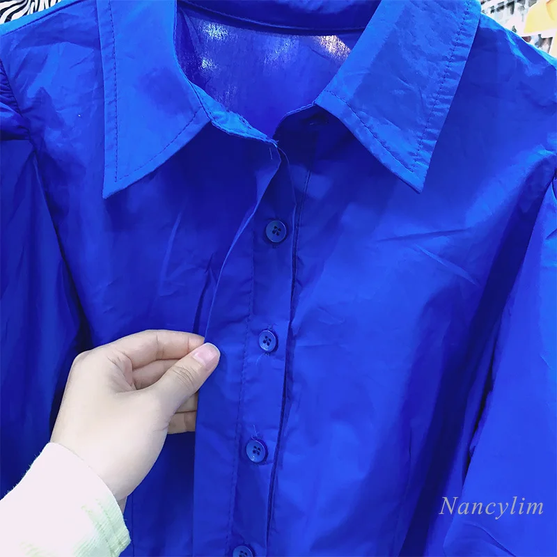 Temperament Lady Chic Top chemises d'été pour femmes, manches bouffantes, revers tout assorti, couleur unie, 2021