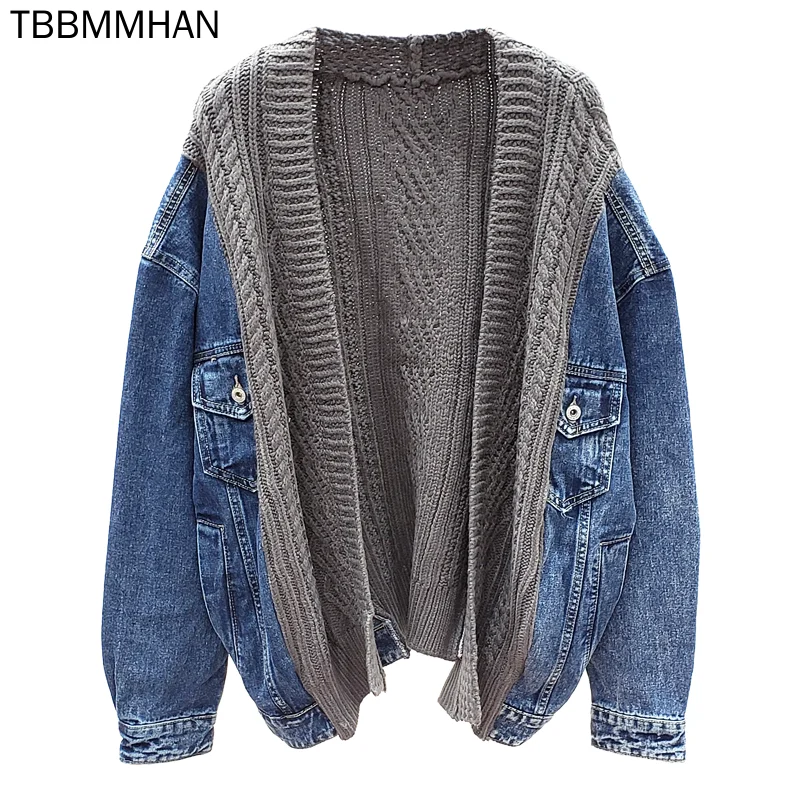 

Spring and Autumn New Korean Loose Sweater Stitched Denim Jacket Women's Long Sleeve Short Knitted Cardigan