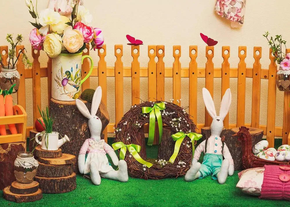 

Easter Photography Background Wooden Fence Flowers Toy Rabbit for Baby Kids Portraits Birthday Party Photo Backdrop