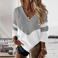 womens knitted sweater sexy v neck stitching contrast color long sleeved knitting top pullover autumn winter warm female jumper