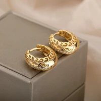 zircon hollow flower hoop earrings for women girl stainless steel weaving exquisite round ear stud wedding jewelry gift