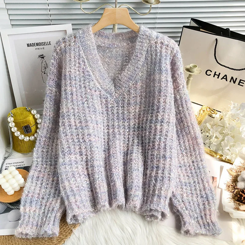 

Soft Waxy Thick Thread Sweater Women's V-neck Loose-fitting Outer Wear 2021 Fall New Pullover Sweater KK1420