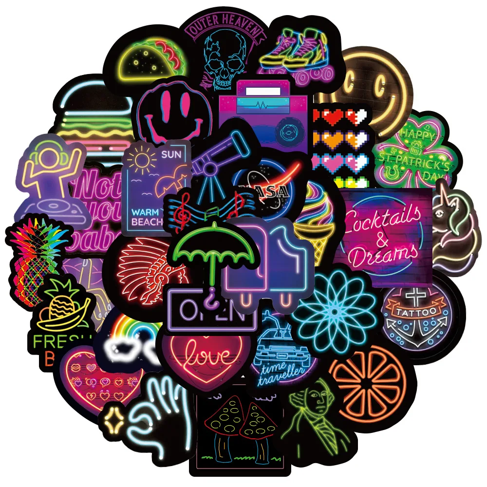 100 Neon Lights Graffiti Personality Cartoon Creative Motorcycle Computer Skateboard Suitcase Kawaii Stickers