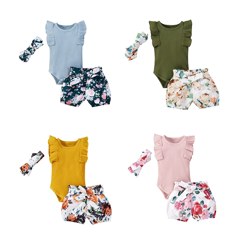

3Pcs Newborn Baby Girl Clothes Sling Striped Vest Romper +Floral Print Shorts+Bow-Tie Headband Baby Clothing Outfits