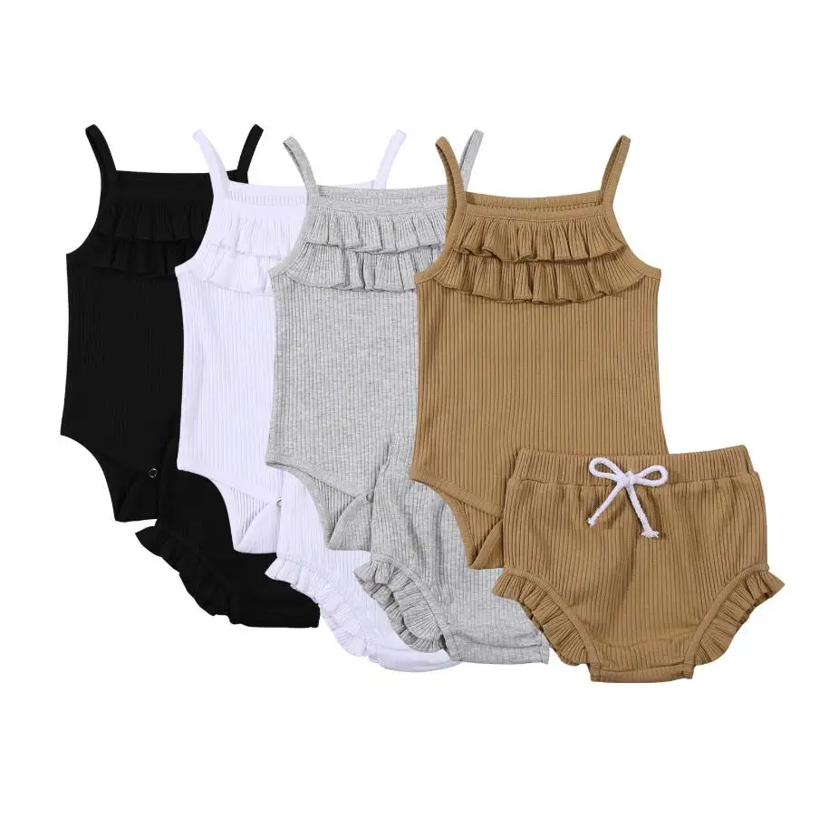 

Baby Solid Color Clothes Set Girls Sleeveless Square Collar Sling Romper Short Pants with Ruffles Baby's Sets