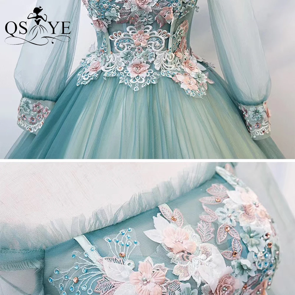 

QSYYE Puffy Ball Gown Prom Dresses Green Flowers Evening Dress Off Shoulder Embroidery Tulle Prom Party Gown Long Sleeves Puffy