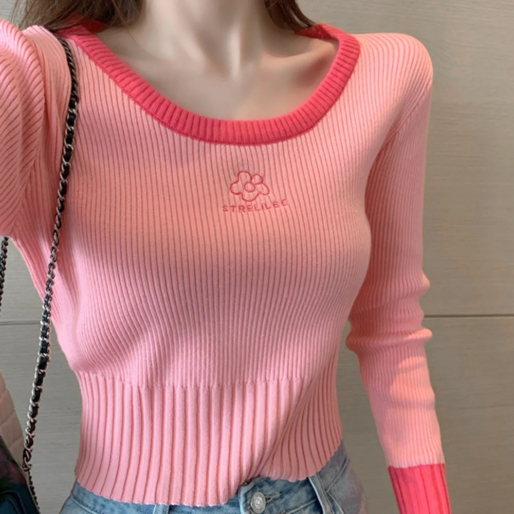 

Women Sweater Sweet Autumn Fashion Short Long-Sleeve Solid Slim Thin Pullovers Kawaii Crop Tops