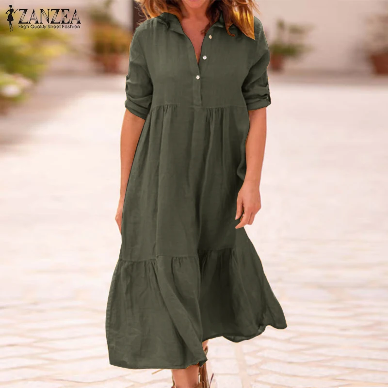 

ZANZEA 2022 Women Lapel Cotton Linen Dress Autumn Long Sleeve Shirt Vestido Ladies Long Maxi Dress Work OL Robe Femme Sundress