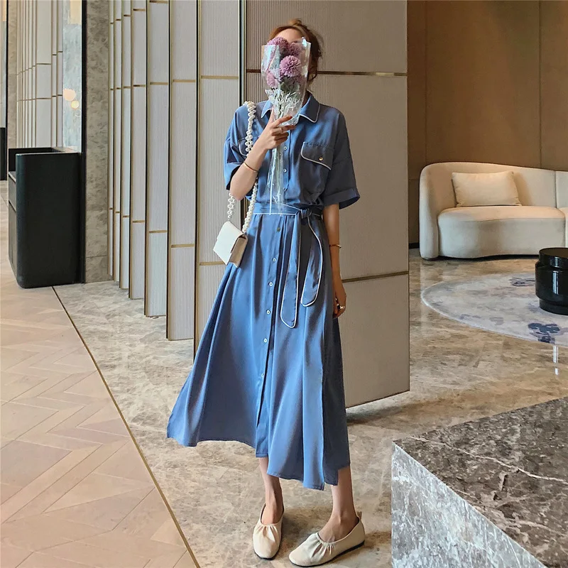 

The dress in the summer of 2020 the new high quality female long dress shirt dress contrast color edge cowboy blue dress