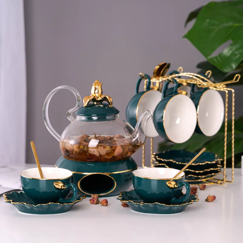 

New 600ml Green Gold Glass teapot Ceramic Lid Base Warm Candle Holder Tea Pot Cup And Saucer Fruit Juice Water Flower Kettle