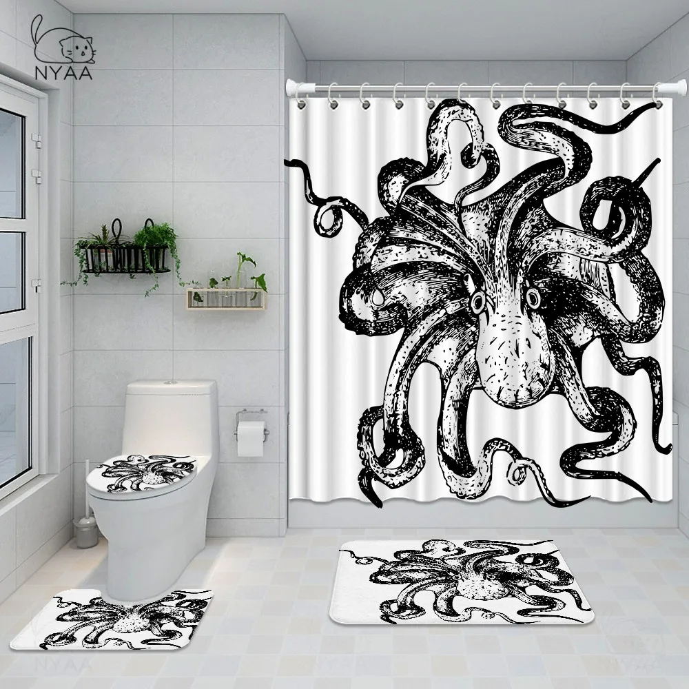 Trendy Aqua Navy Red Octopus Shower Curtain Set Beautiful Deep Sea Bath Curtains For Bathroom Bat Mats Rugs Home Decor | Дом и сад