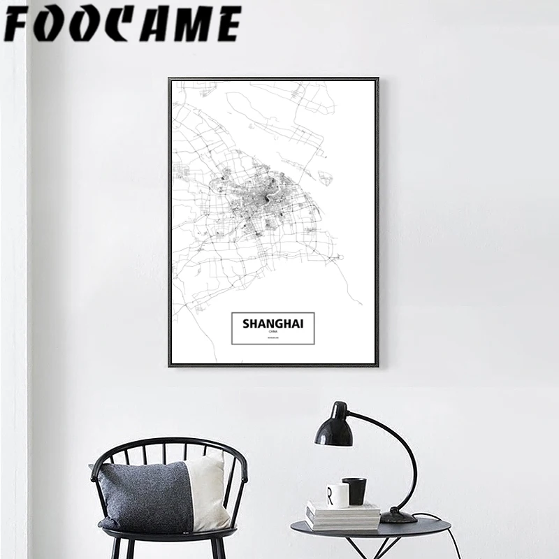 Пекин Шанхай линия города Washington черная белая карта плакат в скандинавском стиле