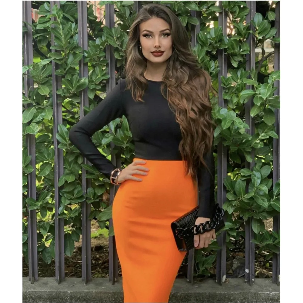 

Vero Sinly 2021 Winter Sexy Long Sleeve Patchwork Midi Orange Women Bandage Dress Fashion Evening Party Dress Vestido