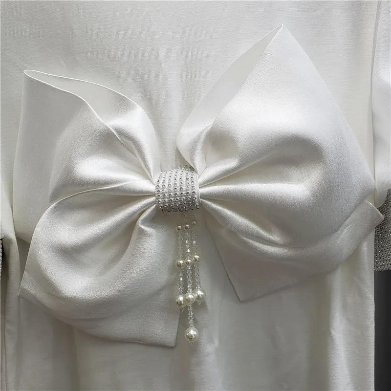 

Sweet Big Bow Decorative Pullover Diamond Short-Sleeved T-shirt Fashion Women Summer White Top Tees Black Female