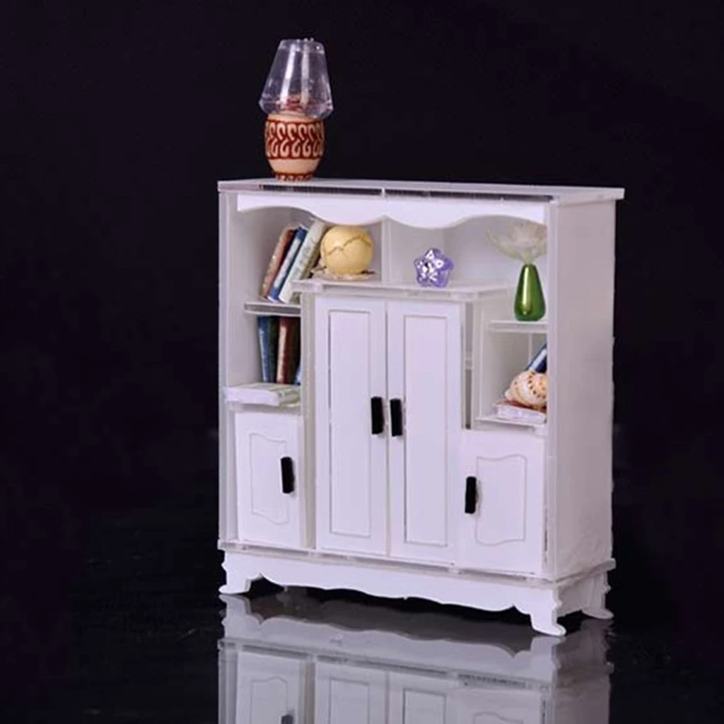 

1:12 Miniature Display Cabinet Bookshelf Dollhouse Furniture Accessories, White & Black, Dolls House Life Scene Ornament, White