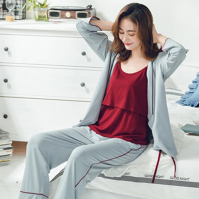 

19 Spring And Autumn New Style Confinement Clothing 3pcs Set Nursing Pajamas Pregnant WOMEN'S Women's Sleepwear V-neck Pregnant