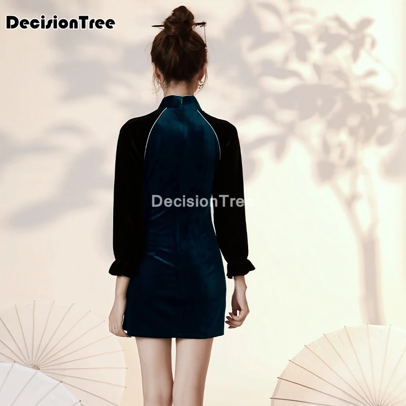 

2021 elegant lady qipao vintage mandarin collar color patchwork chinese dress classic solid sexy cheongsam full sleeve vestidos