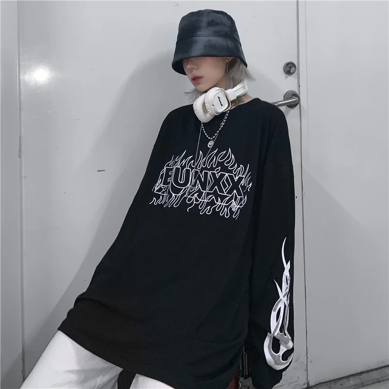 

Autumn Korean Harajuku Letter Printing Graphic T Shirts for Women Streetwear O-neck Long Sleeve Loose Tees Hipster Unisex Tops
