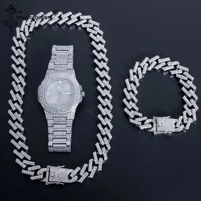 Hip Hop Gold Color Necklace +Watch+Bracelet Miami Curb Cuban Chain Iced Out Paved Rhinestones CZ Bling Rapper For Men Jewelry