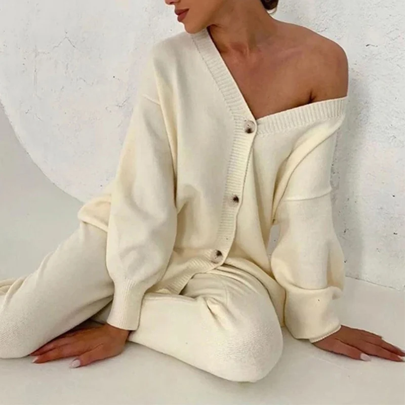 

Knit Oversized Thick V-neck Women Sweater Suit Loose Solid Cardigan Drawstring Pants Two Piece Sets Female 2022 Autumn Lady Set