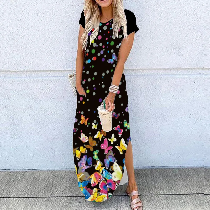 

22021 Women's Short Sleeve Loose Large Size Long Skirt Summer Hem Slit Printed Dress