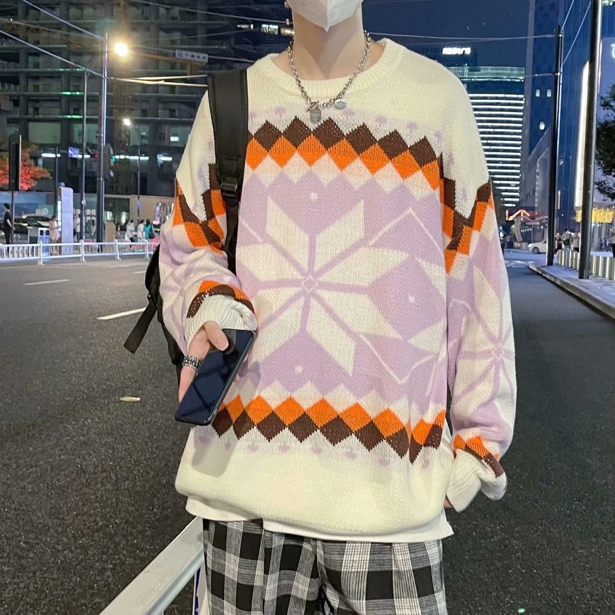 

Retro Knitted Sweater Long Sleeve Round Neck Loose Print Snowflake Streetwear Men Winter Jacket Clothes Casual Oversize Pullover