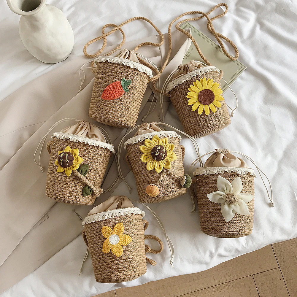 

Rattan New Summer Bags for Women Straw Crossbody Bag Chic Floral Travel Beach Drawstring Mini Shoulder Bucket Bag Handbags #40