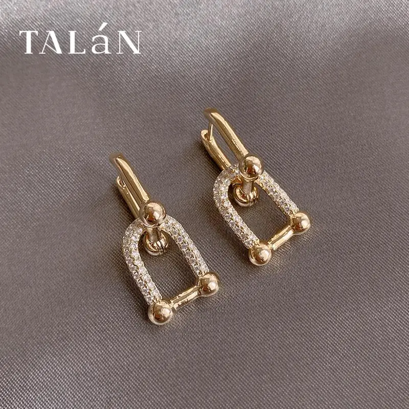 

New Shiny Cubic Zirconia Geometric Stud Earrings for Women Korean Style Gold Plated U-Shaped Design Jewelry Accessories Gifts
