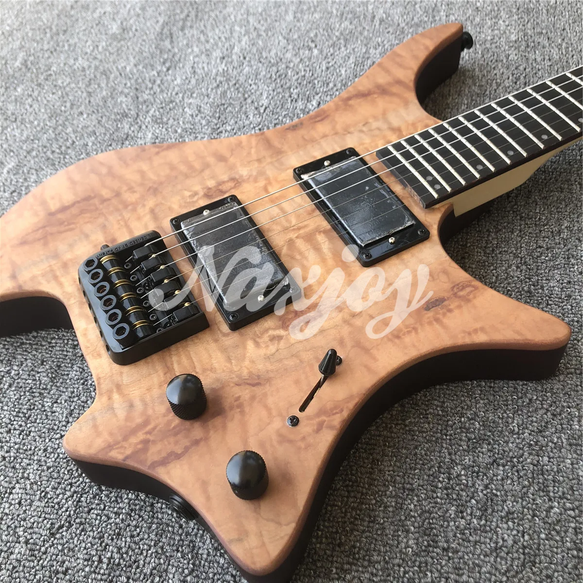 

High Quality Natural Burst Koa Top Headless Electric Guitar Black Hardwares