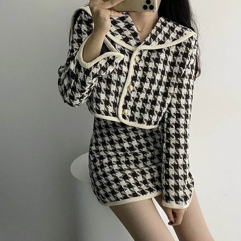 Sungtin Vintage Houndstooth Two Piece Set Women Tweed Mini Bodycon Skirt Suits Lady Elegant Cropped Jacket Plaid Korean Chic |