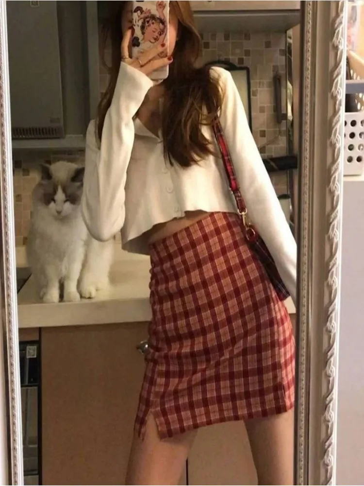 

XS-2XL plaid summer women's skirt 2021 Korean version of high waist skirt female cute sweet girl dance mini skirt bag hip skirt