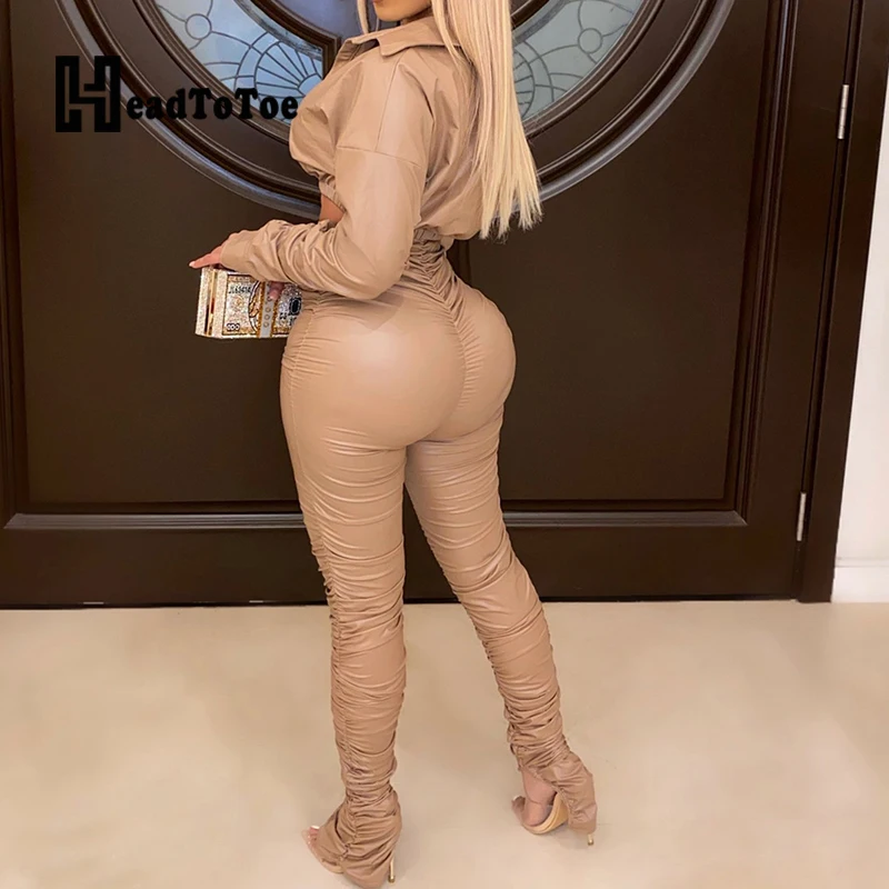 

Solid PU Pleated Fashion Streetwear 2 Piece Set Women Full Sleeve Turn Down Collar Navel Pile of Pants Two Piece Outfits Woman