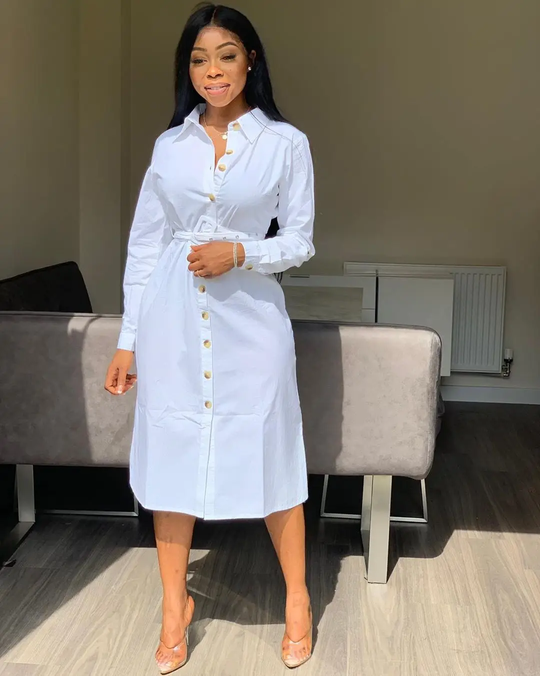 

PLSW Dress Women Autumn White Shirt Button-up Knee-length Long Sleeve Shift Dress Office Lady Loose Casual Tunic Basic Dresses