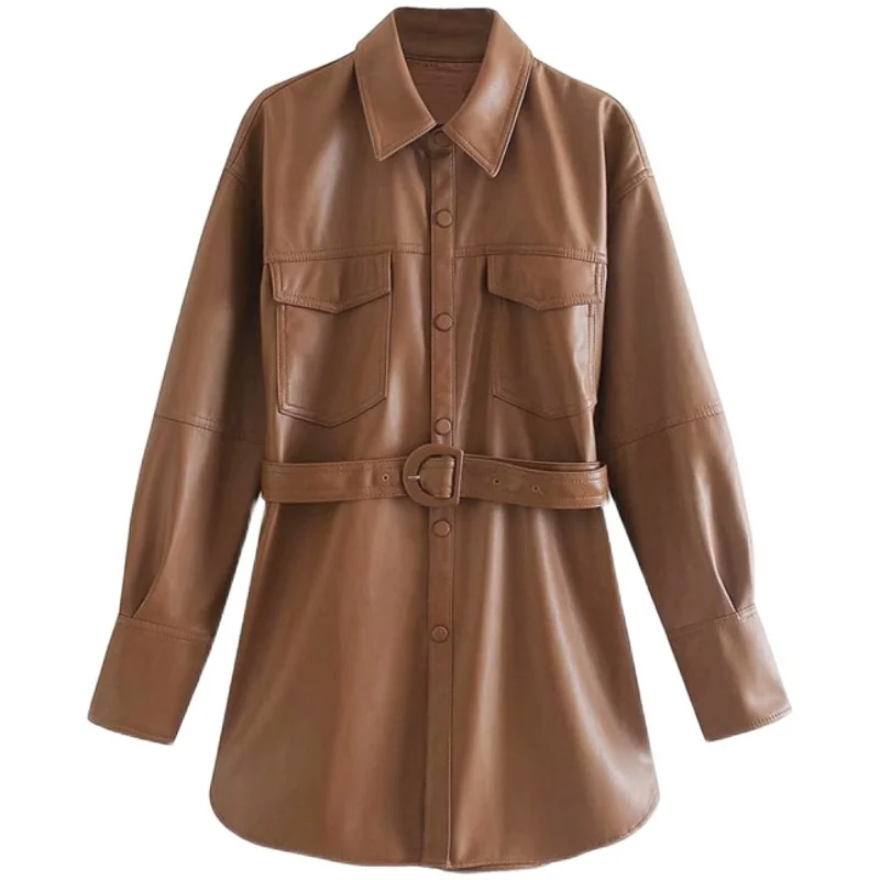 

notched collar full sleeves PU leather single breasted waist belt female fashion autumn and winter jacket C218