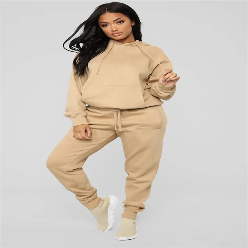 

Women's 2 Piece Tracksuit Set, Winter Warm Long Sleeve Solid Color Hoodie + Jogger Pants Set Loungewear