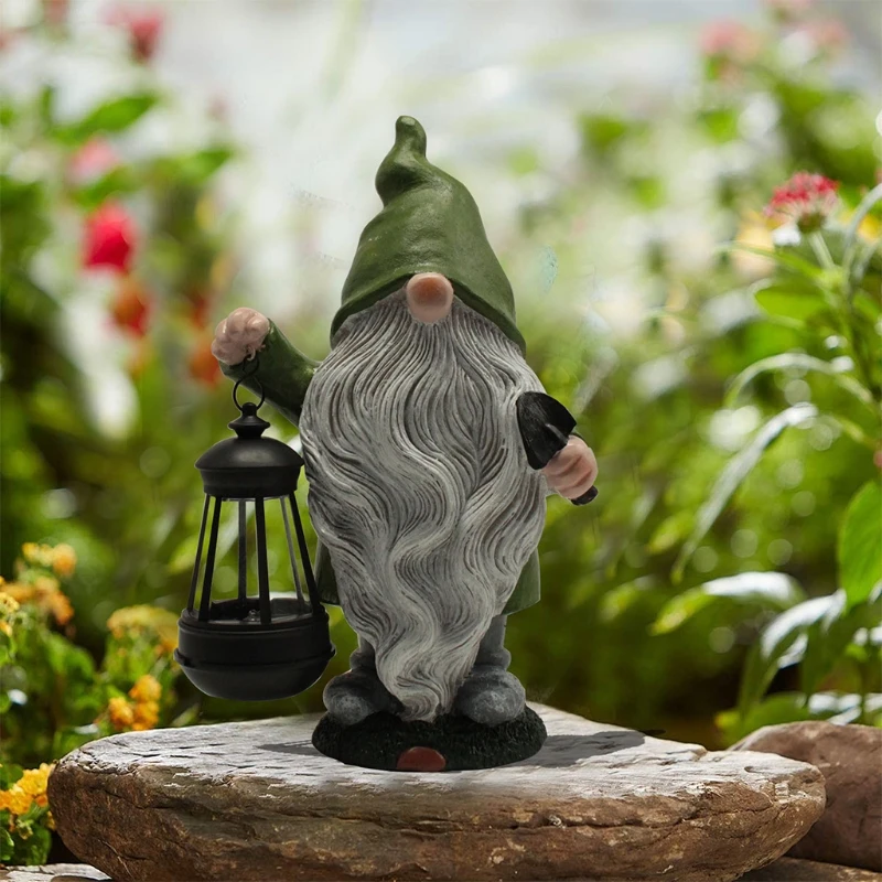 

Garden Gnome Statue Resin Figurine Holding Lantern with Solar LED Light Outdoor R3MA