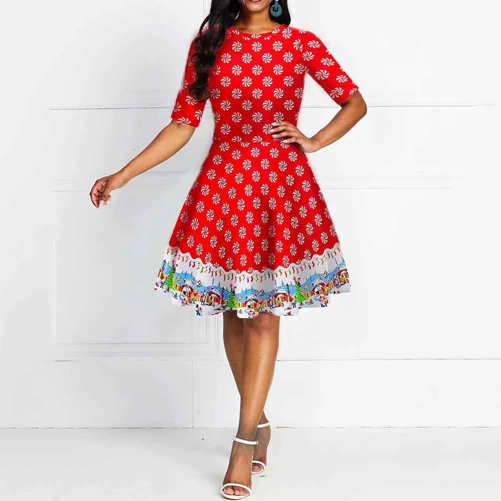 Рождественское платье с принтом высокой талией осенне зимние праздничные