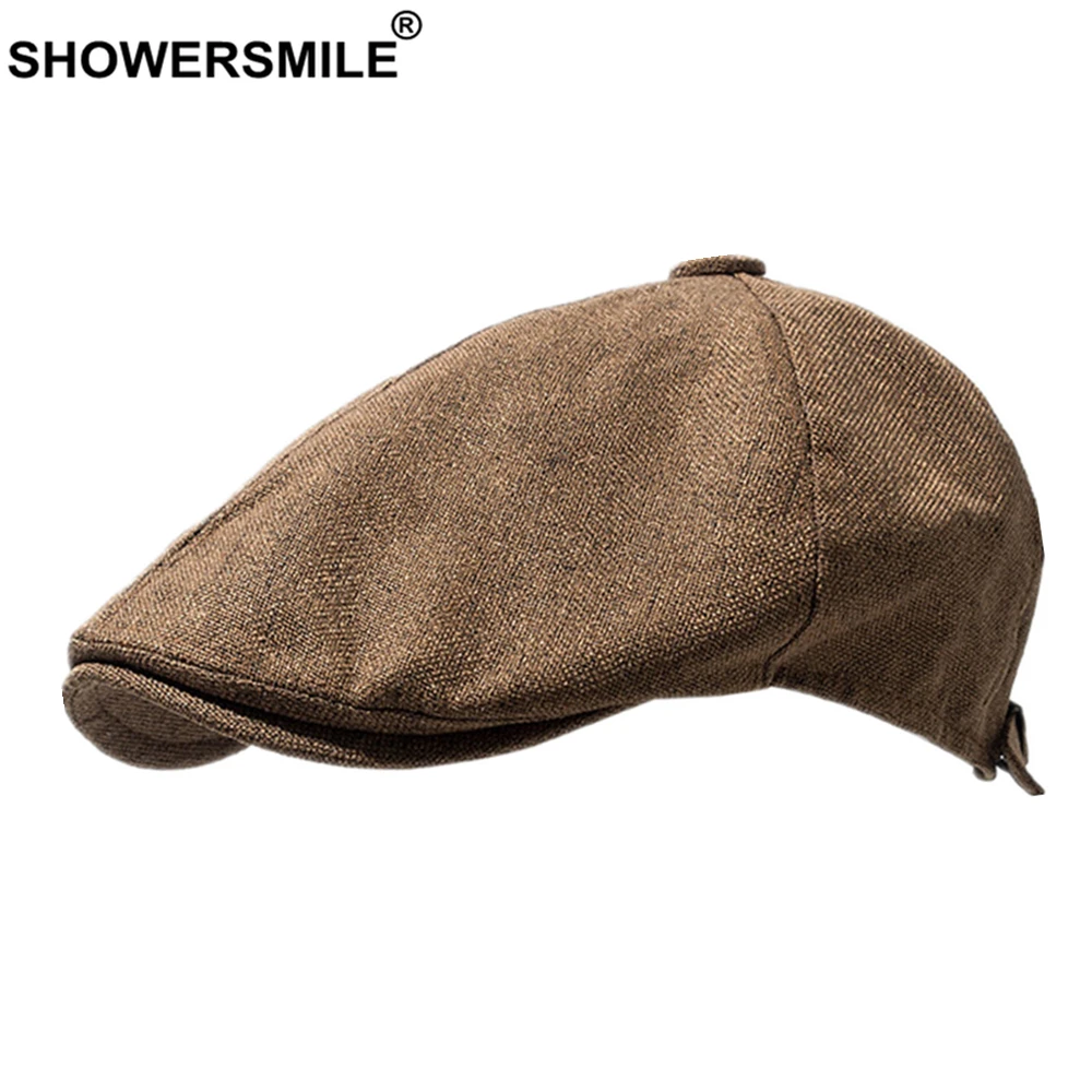 

SHOWERSMILE Linen Beret Mens Hat Spring Summer Women Newsboy Cap British Retro Duckbill Driving Hats Cotton Gatsby Flat Gorras